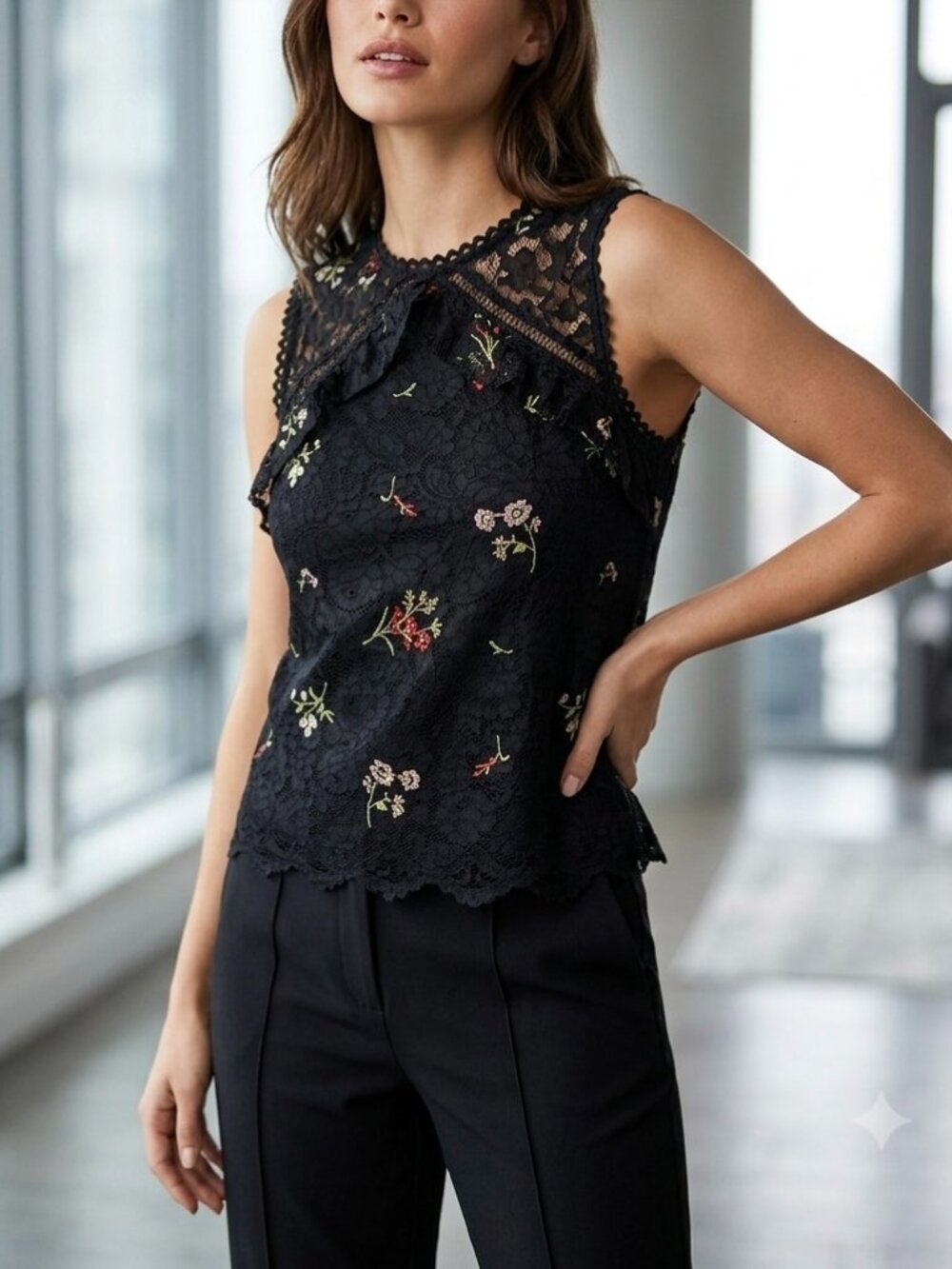 NWT Laundry by Shelli Segal Black Floral Embroidered Lace Top Large Boho Chic